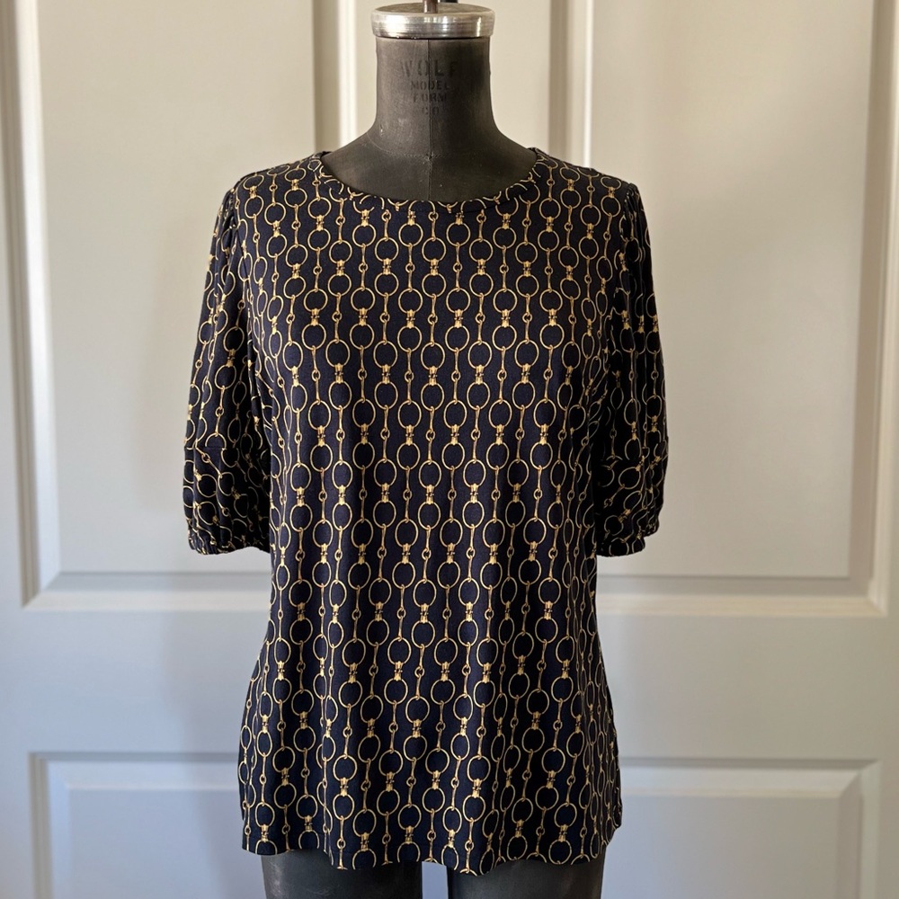 Lauren Ralph Lauren Equestrian Horse Bit Knit Top Navy Gold M